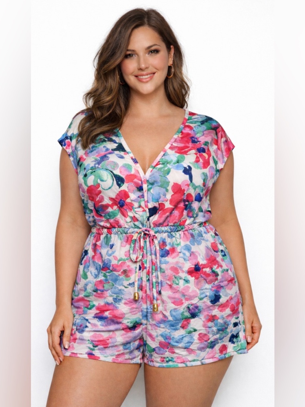 VENUS Romper Pink Blue Floral‎ Watercolor Tie Waist Summer Boho Lightweight XL